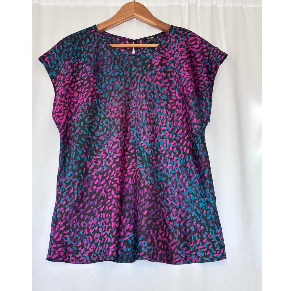 NWT Express Gramercy Conscious Top Abstract Petal Print Purple Teal M